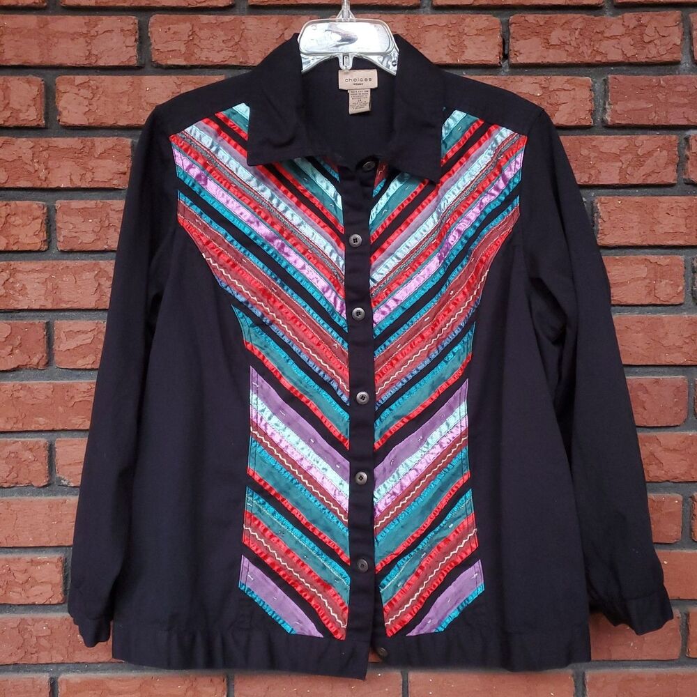 Vintage Lightweight Denim Jacket 1X Black Stripe Button Front Western Southwest